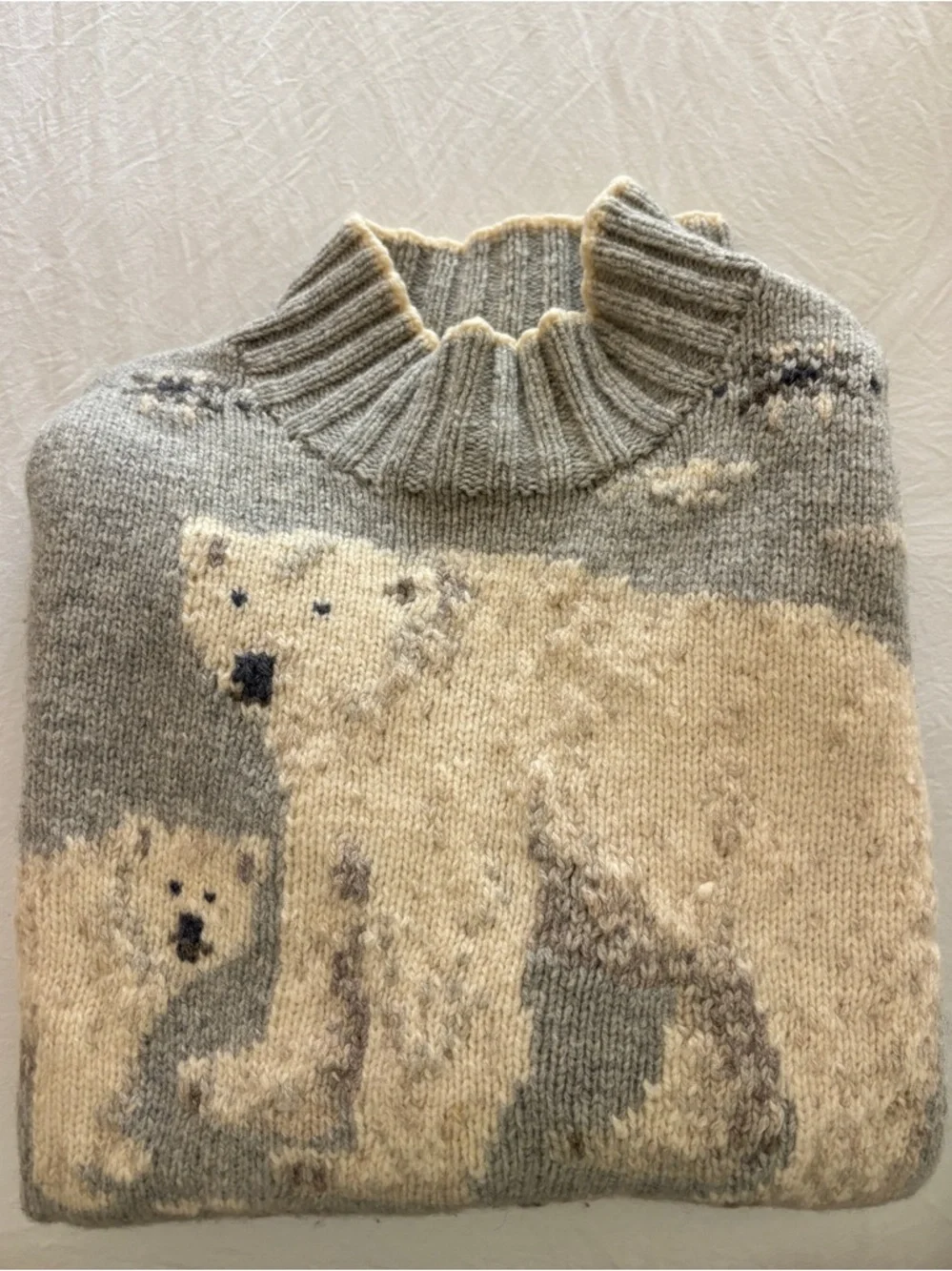 Lauren Ralph Lauren Gray Sweater | Hand Knit Vintage Lambswool Polar Bear - Picture 3 of 5